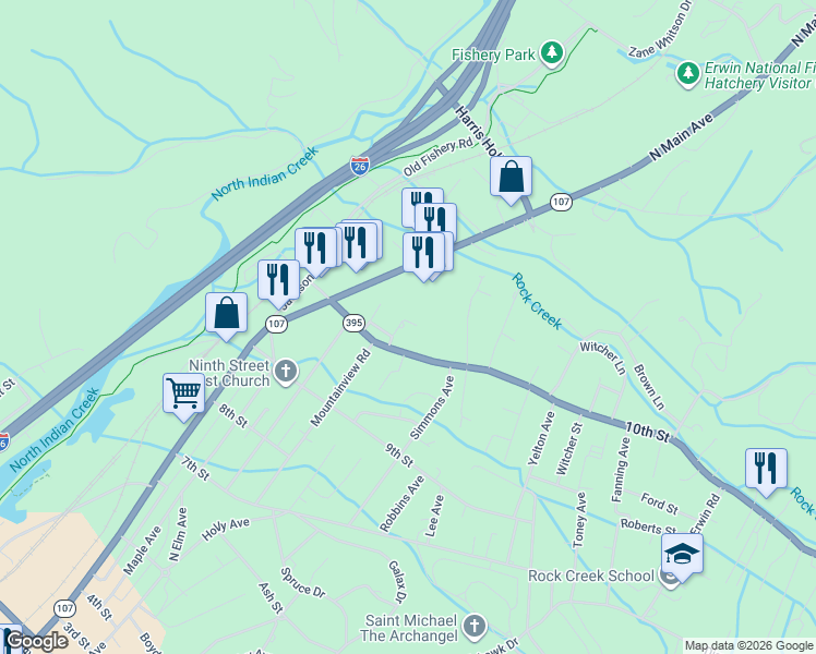 map of restaurants, bars, coffee shops, grocery stores, and more near 105 Lewis Ln in Erwin