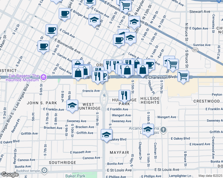 map of restaurants, bars, coffee shops, grocery stores, and more near 1215 Francis Avenue in Las Vegas