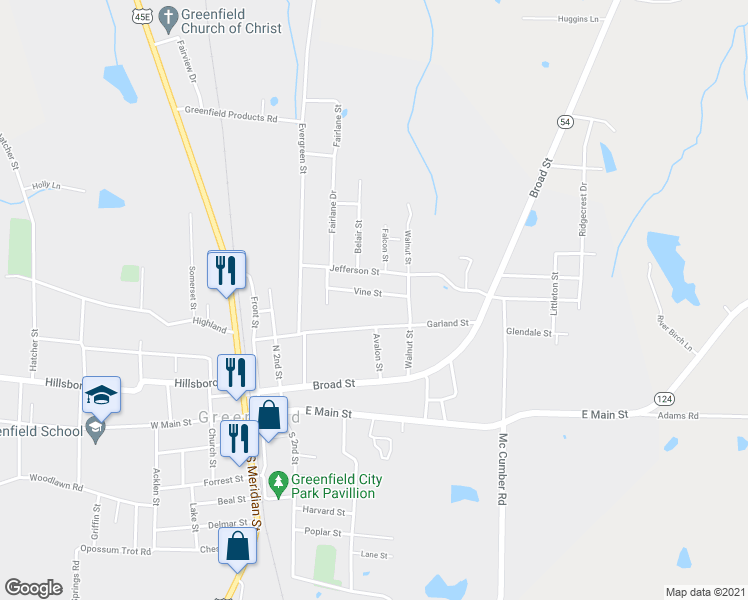 map of restaurants, bars, coffee shops, grocery stores, and more near 412 Vine St in Greenfield