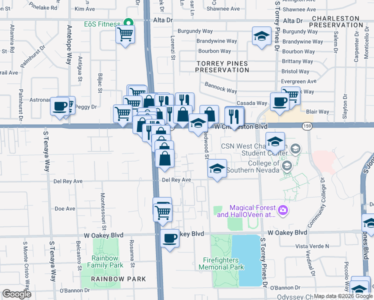 map of restaurants, bars, coffee shops, grocery stores, and more near 6733 West Charleston Boulevard in Las Vegas