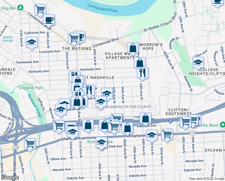 map of restaurants, bars, coffee shops, grocery stores, and more near 4701 Illinois Avenue in Nashville