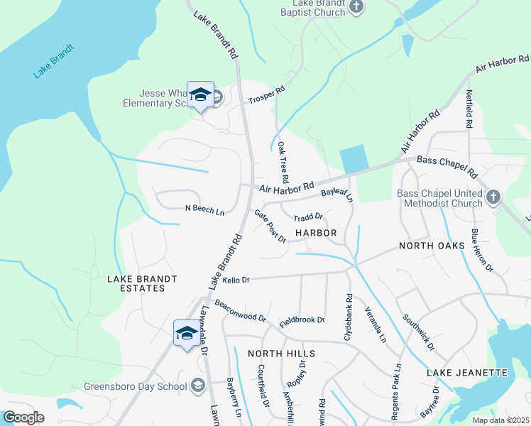 map of restaurants, bars, coffee shops, grocery stores, and more near 5600 Bayleaf Lane in Greensboro