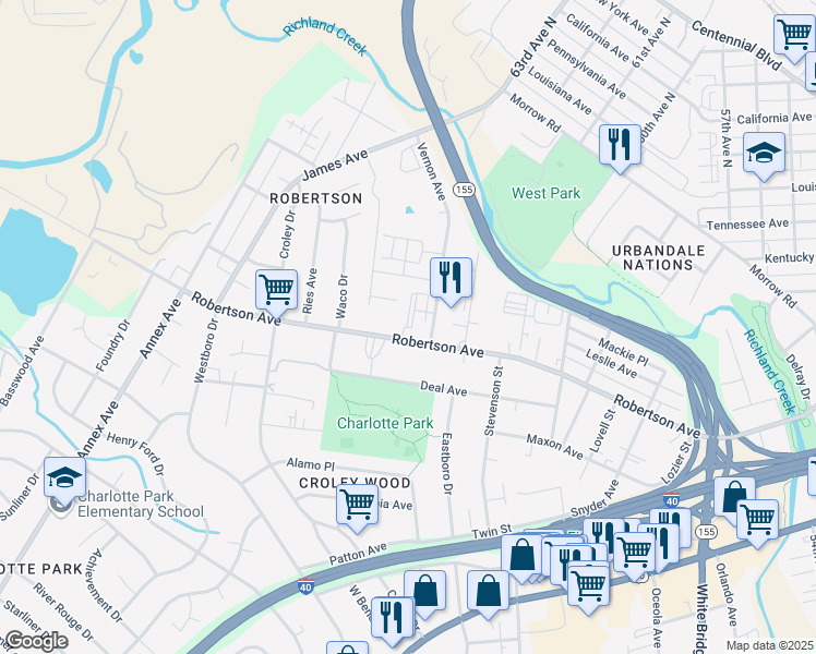 map of restaurants, bars, coffee shops, grocery stores, and more near 6110 Robertson Avenue in Nashville