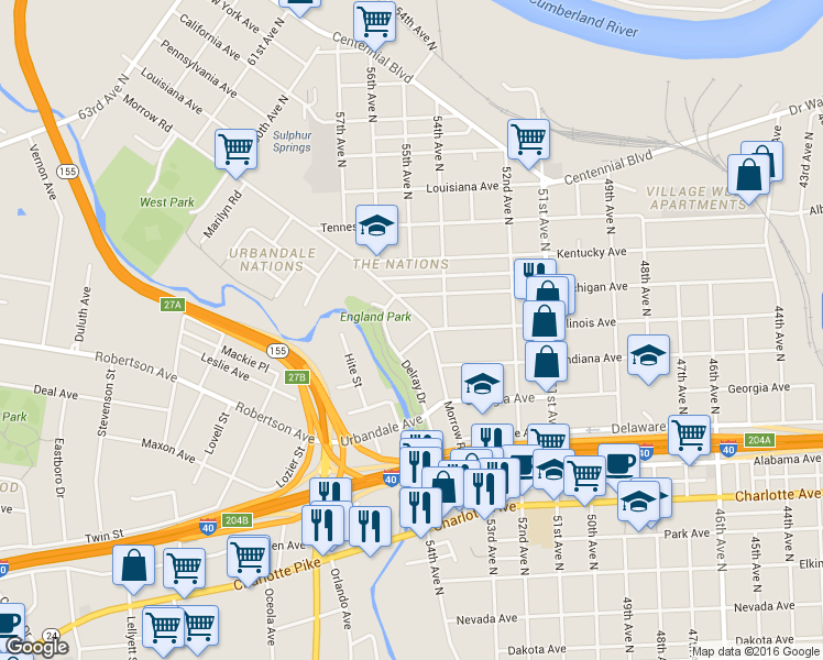 map of restaurants, bars, coffee shops, grocery stores, and more near 5414 Illinois Avenue in Nashville