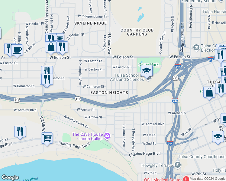 map of restaurants, bars, coffee shops, grocery stores, and more near 231 North Tacoma Avenue in Tulsa