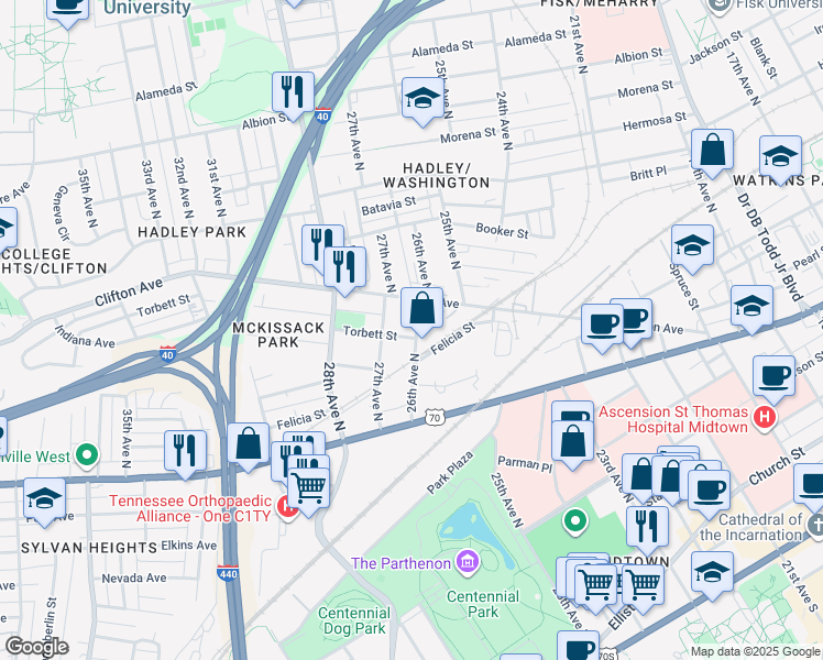 map of restaurants, bars, coffee shops, grocery stores, and more near 602 26th Avenue North in Nashville
