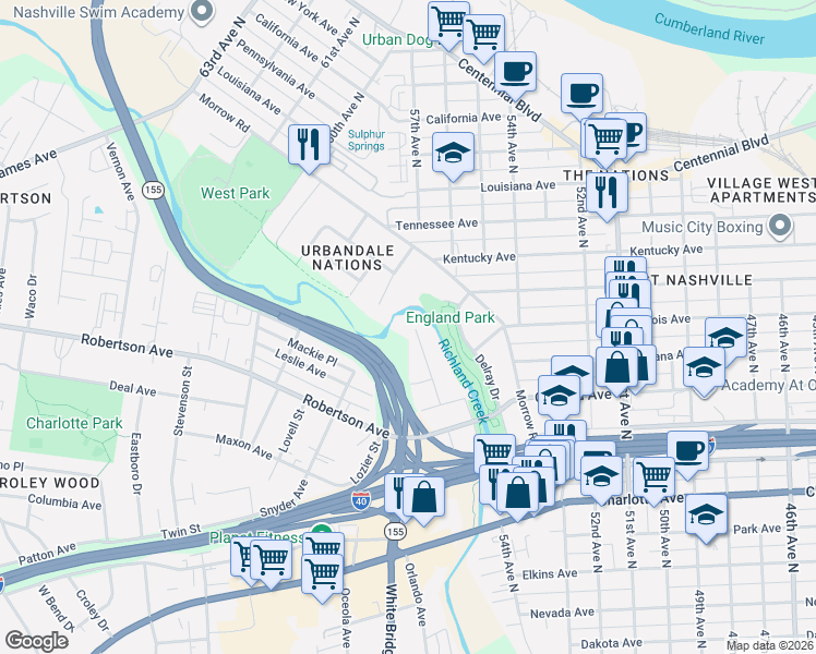 map of restaurants, bars, coffee shops, grocery stores, and more near 733 Hite Street in Nashville