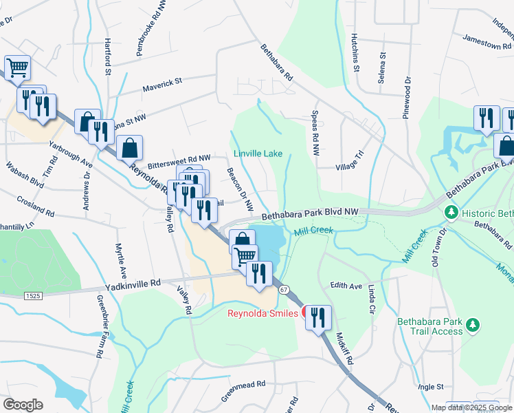 map of restaurants, bars, coffee shops, grocery stores, and more near 3905 Beacon Dr NW in Winston-Salem
