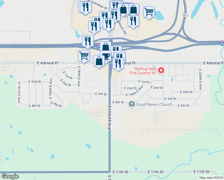 map of restaurants, bars, coffee shops, grocery stores, and more near 19313 East 2nd Street in Tulsa