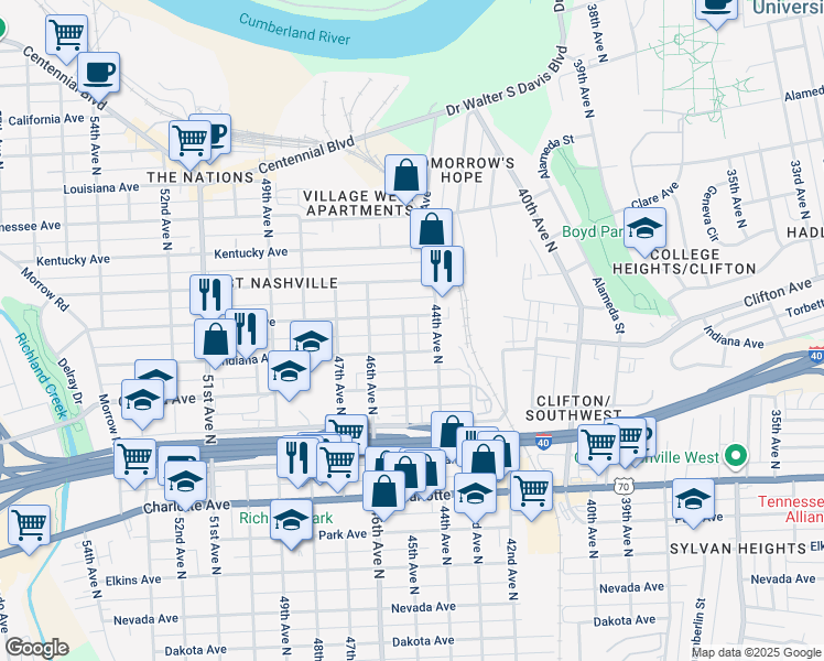 map of restaurants, bars, coffee shops, grocery stores, and more near 806 45th Avenue North in Nashville