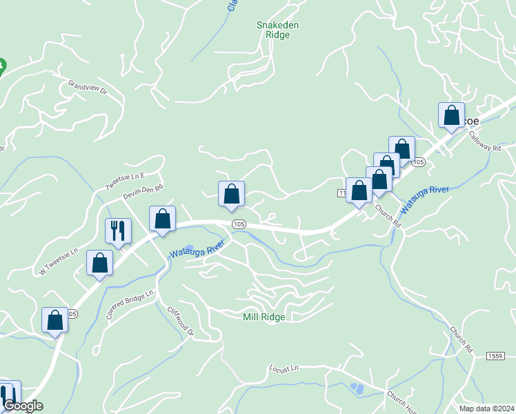 map of restaurants, bars, coffee shops, grocery stores, and more near 144 South Slope Loop in Banner Elk