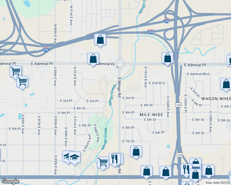 map of restaurants, bars, coffee shops, grocery stores, and more near 312 South Mingo Road in Tulsa