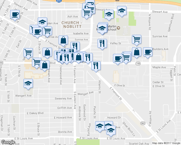 map of restaurants, bars, coffee shops, grocery stores, and more near 2627 Russell Avenue in Las Vegas