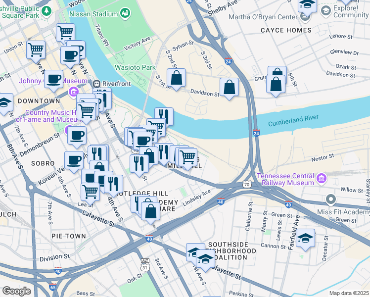 map of restaurants, bars, coffee shops, grocery stores, and more near 215 Middleton Street in Nashville
