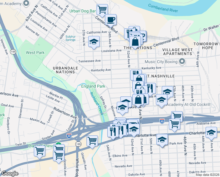 map of restaurants, bars, coffee shops, grocery stores, and more near 5812 Illinois Avenue in Nashville