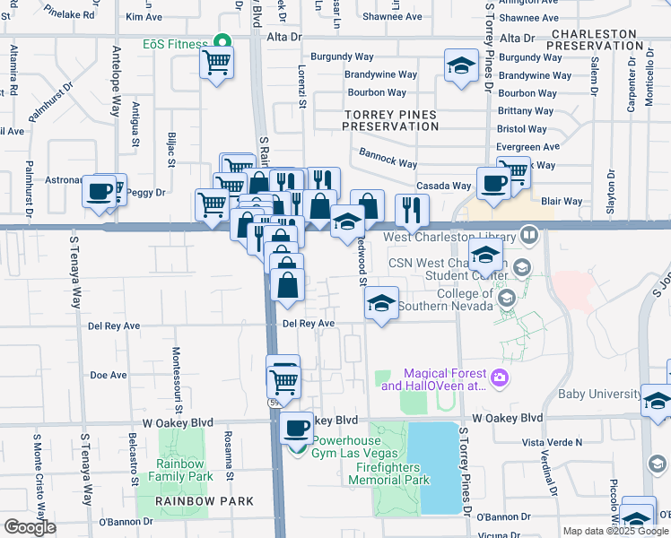 map of restaurants, bars, coffee shops, grocery stores, and more near 6729 West Charleston Boulevard in Las Vegas