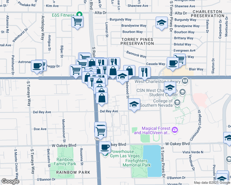 map of restaurants, bars, coffee shops, grocery stores, and more near 6733 West Charleston Boulevard in Las Vegas