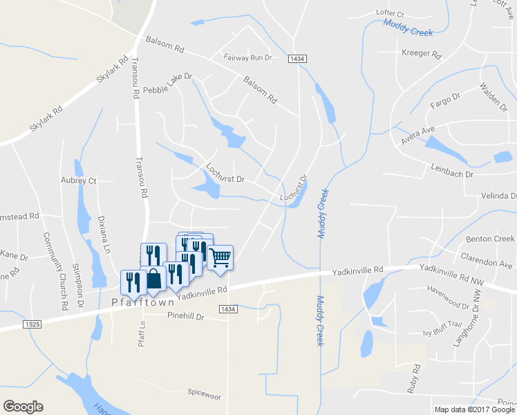 map of restaurants, bars, coffee shops, grocery stores, and more near 3284 Grandview Club Rd in Pfafftown