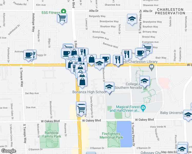 map of restaurants, bars, coffee shops, grocery stores, and more near 6729 West Charleston Boulevard in Las Vegas