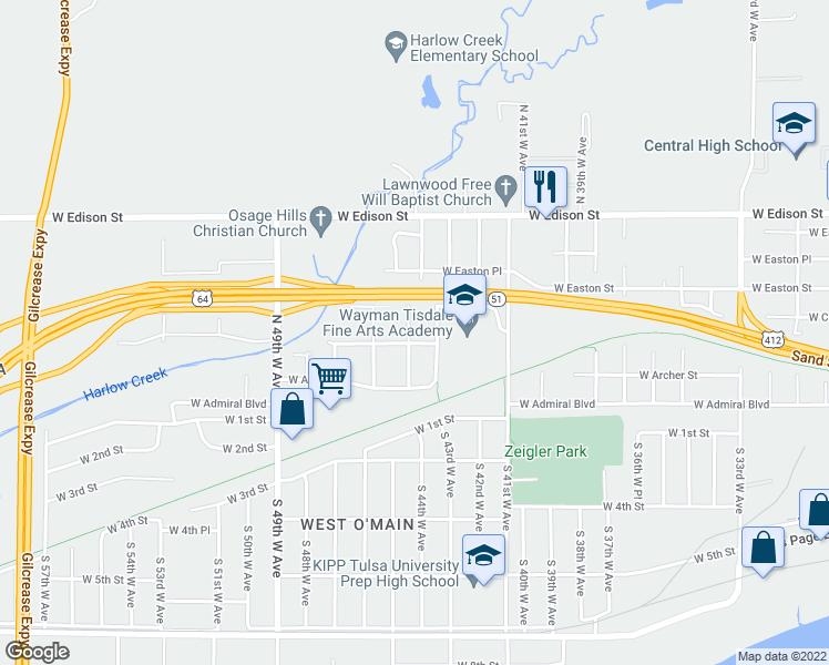 map of restaurants, bars, coffee shops, grocery stores, and more near 207 North 44th West Avenue in Tulsa