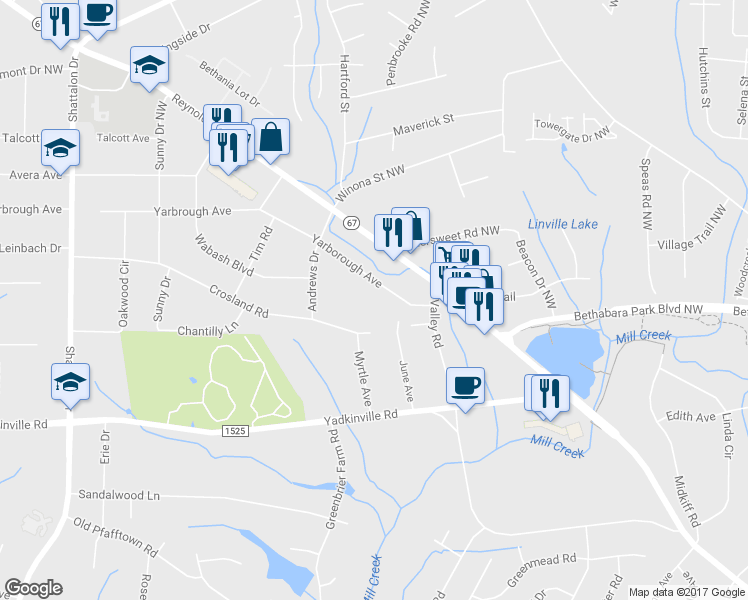 map of restaurants, bars, coffee shops, grocery stores, and more near 3610 Yarbrough Avenue in Winston-Salem