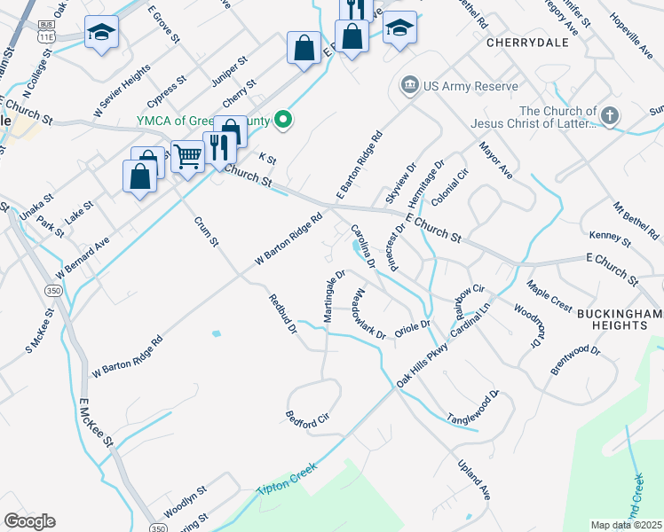 map of restaurants, bars, coffee shops, grocery stores, and more near 198 Diane Lane in Greeneville
