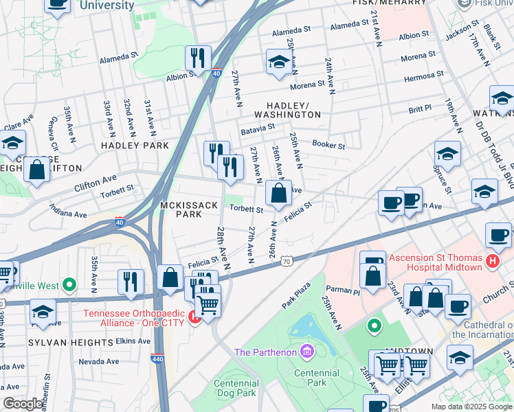 map of restaurants, bars, coffee shops, grocery stores, and more near 2702 Torbett Street in Nashville