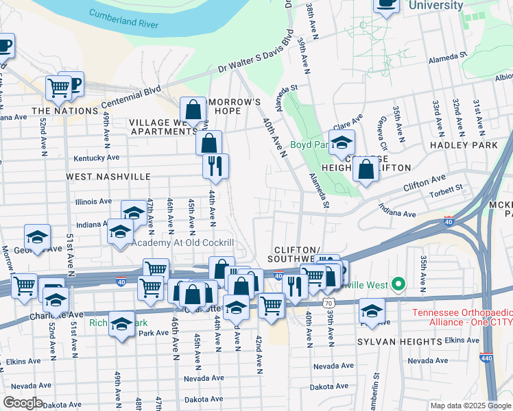 map of restaurants, bars, coffee shops, grocery stores, and more near 701 41st Avenue North in Nashville