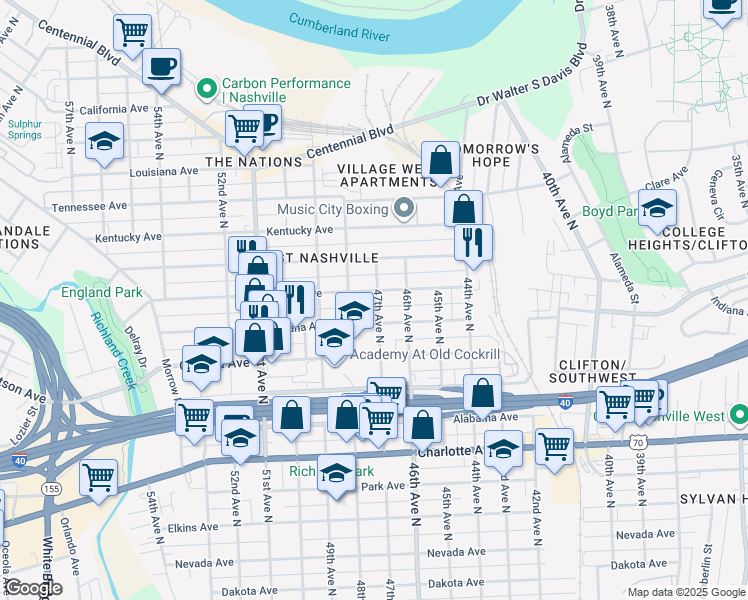 map of restaurants, bars, coffee shops, grocery stores, and more near 4701 Illinois Avenue in Nashville