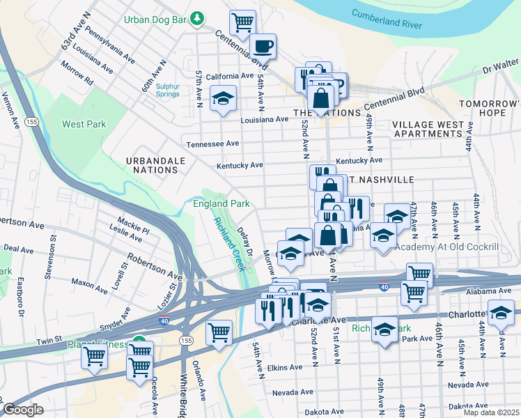 map of restaurants, bars, coffee shops, grocery stores, and more near 5812 Illinois Avenue in Nashville