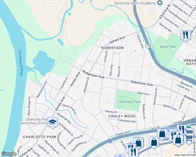 map of restaurants, bars, coffee shops, grocery stores, and more near 6305 Robertson Avenue in Nashville
