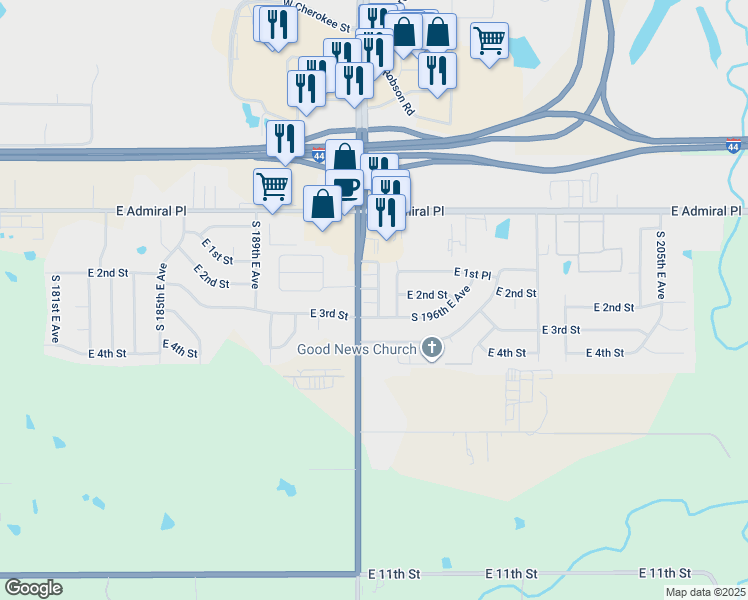 map of restaurants, bars, coffee shops, grocery stores, and more near 19313 East 2nd Street in Tulsa