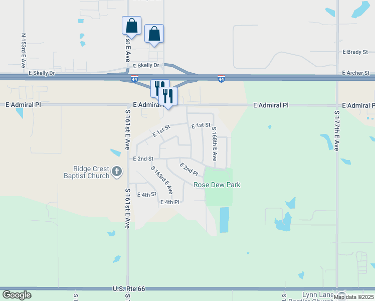 map of restaurants, bars, coffee shops, grocery stores, and more near 16460 East 1st Place in Tulsa