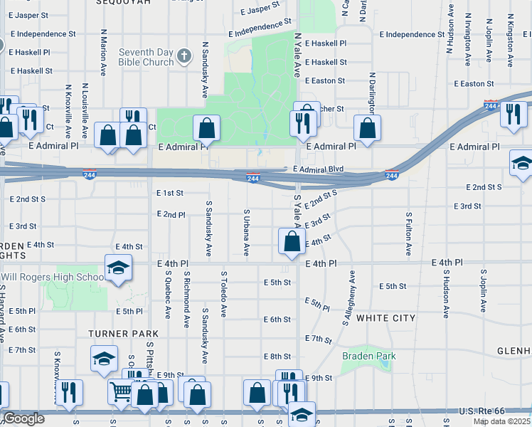 map of restaurants, bars, coffee shops, grocery stores, and more near 4618 East 2nd Street in Tulsa