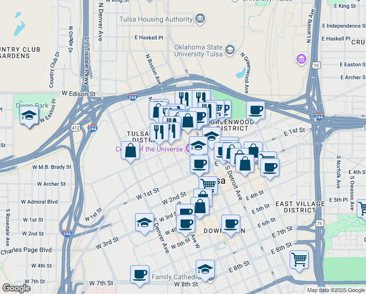 map of restaurants, bars, coffee shops, grocery stores, and more near 18 East Archer Street in Tulsa