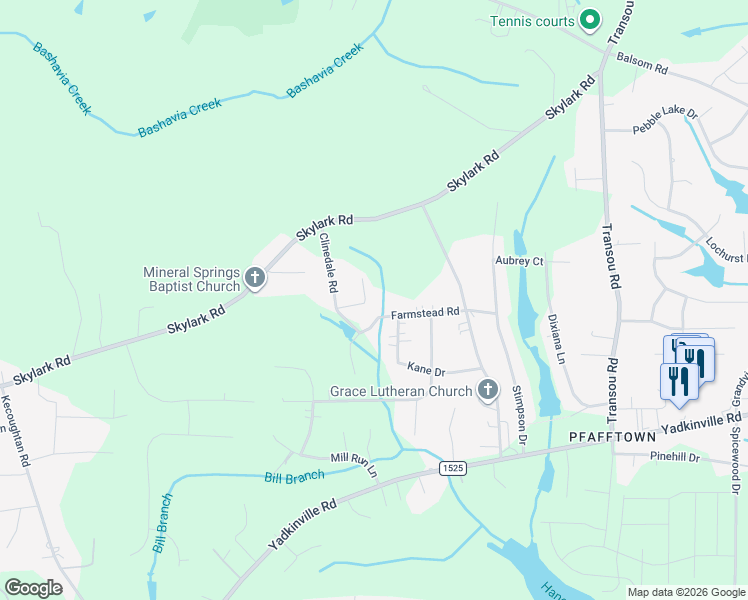 map of restaurants, bars, coffee shops, grocery stores, and more near 5625 Clinedale Court in Pfafftown