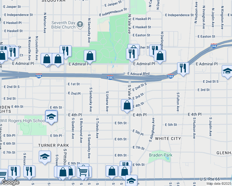 map of restaurants, bars, coffee shops, grocery stores, and more near 4618 East 2nd Street in Tulsa