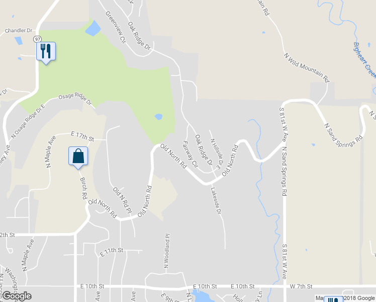 map of restaurants, bars, coffee shops, grocery stores, and more near 215 Fairway Circle in Sand Springs