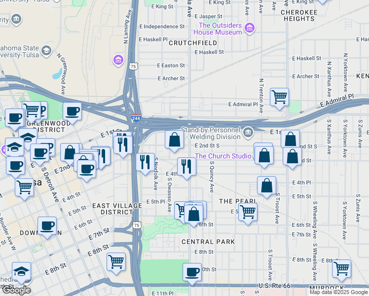 map of restaurants, bars, coffee shops, grocery stores, and more near 1232 East 2nd Street in Tulsa