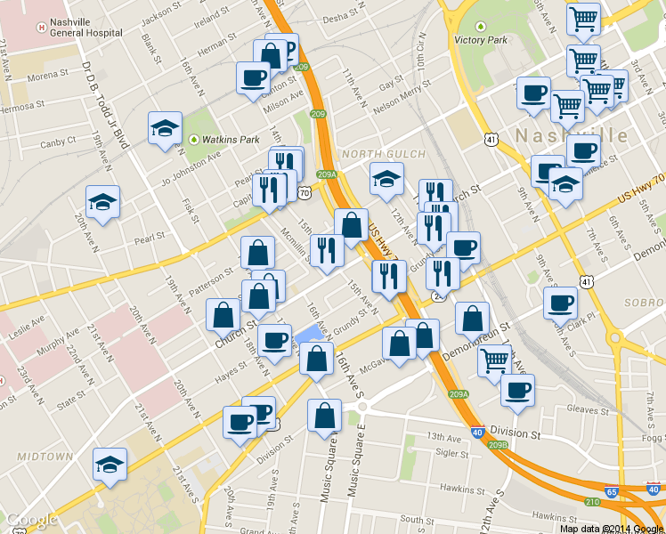 map of restaurants, bars, coffee shops, grocery stores, and more near 1500 Church St in Nashville