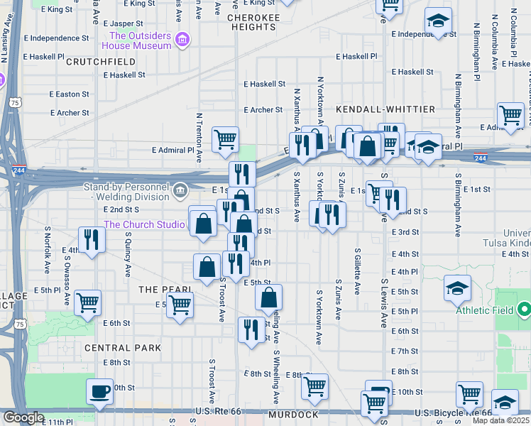 map of restaurants, bars, coffee shops, grocery stores, and more near 1810 East 2nd Street in Tulsa