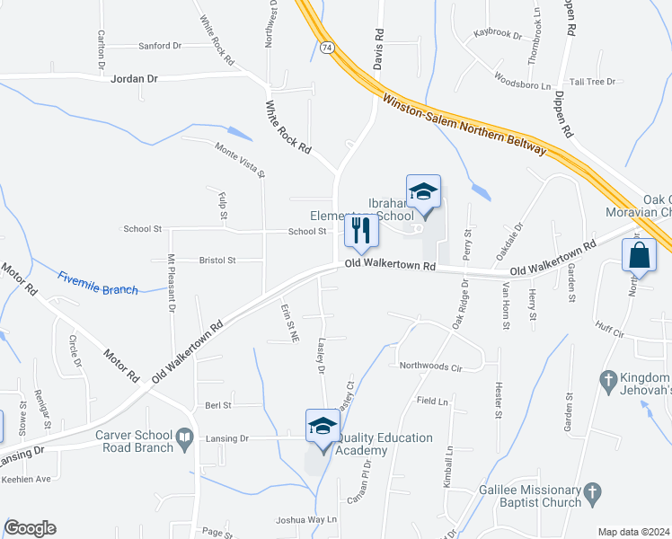 map of restaurants, bars, coffee shops, grocery stores, and more near Doris Street in Winston-Salem