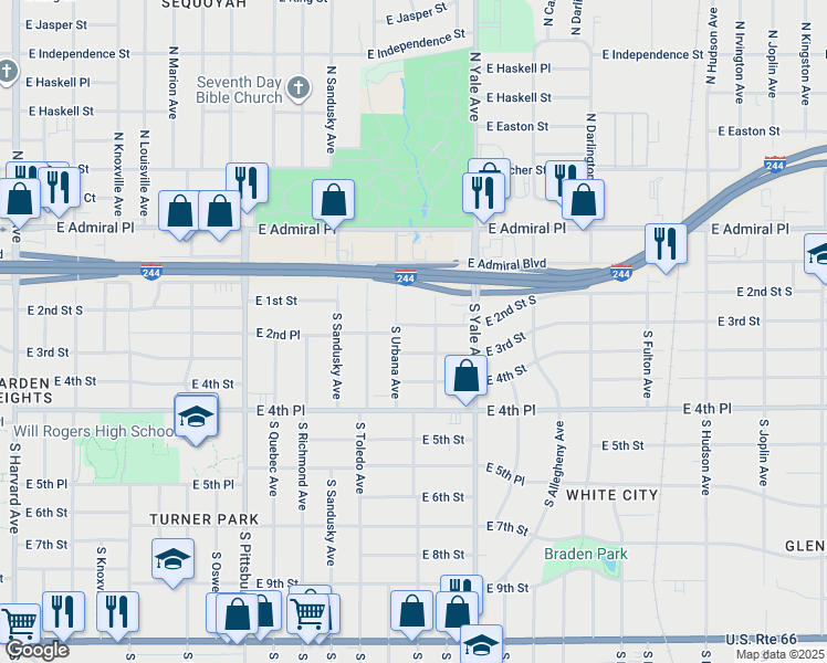 map of restaurants, bars, coffee shops, grocery stores, and more near 4618 East 2nd Street in Tulsa