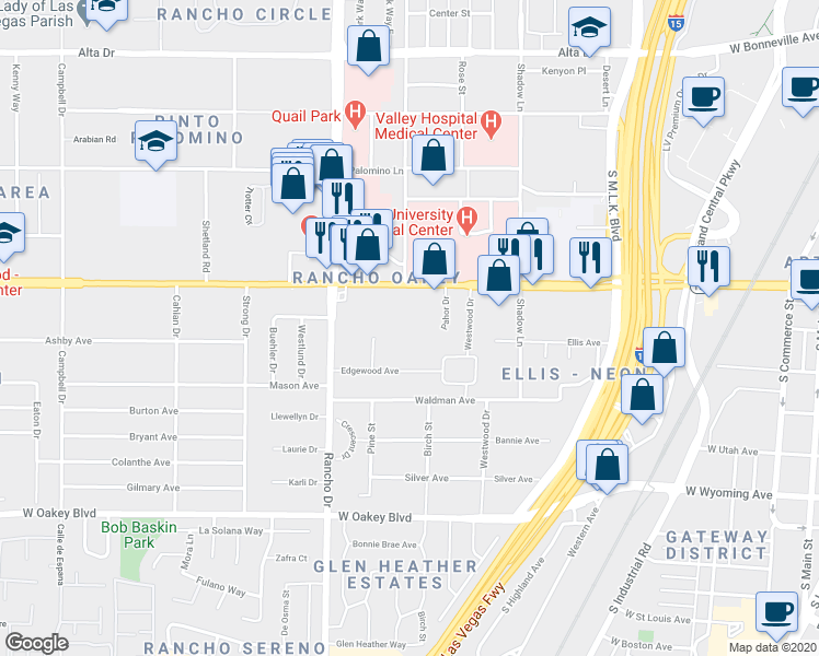 map of restaurants, bars, coffee shops, grocery stores, and more near 2047 West Charleston Boulevard in Las Vegas