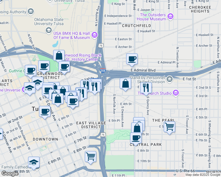 map of restaurants, bars, coffee shops, grocery stores, and more near 9010 East 2nd Street in Tulsa