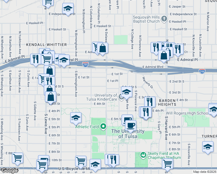 map of restaurants, bars, coffee shops, grocery stores, and more near 2805 East 2nd Street in Tulsa