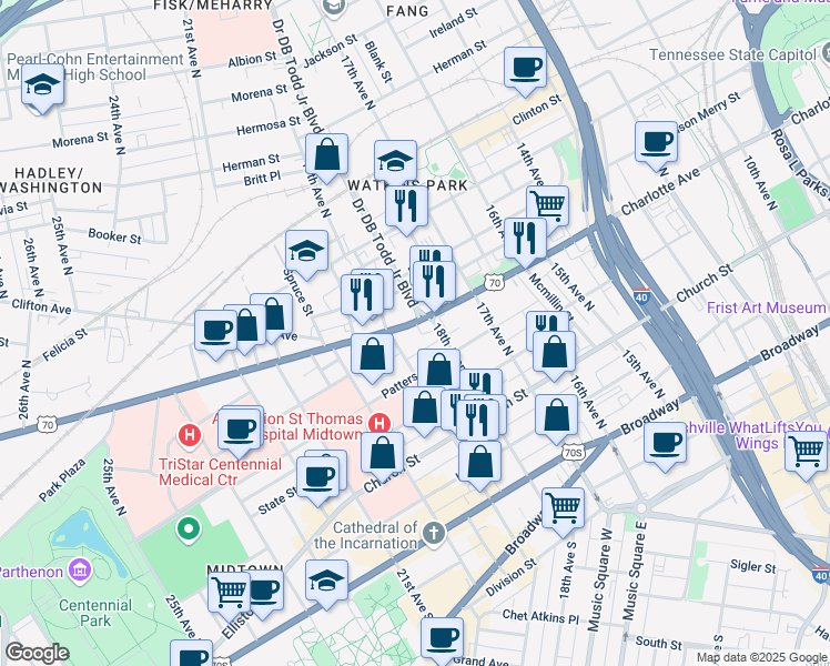 map of restaurants, bars, coffee shops, grocery stores, and more near 1811 Charlotte Avenue in Nashville