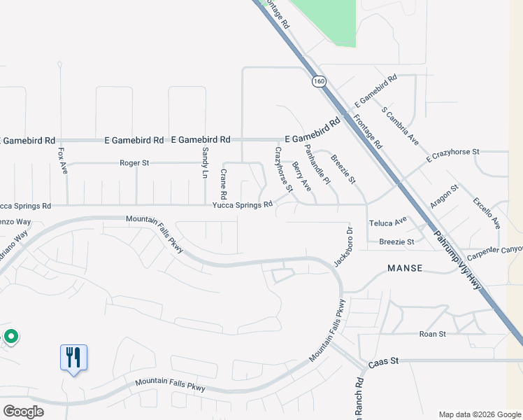 map of restaurants, bars, coffee shops, grocery stores, and more near 5701 Yucca Springs Road in Pahrump