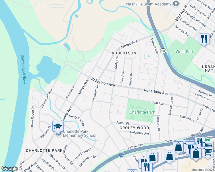 map of restaurants, bars, coffee shops, grocery stores, and more near 6305 Robertson Avenue in Nashville