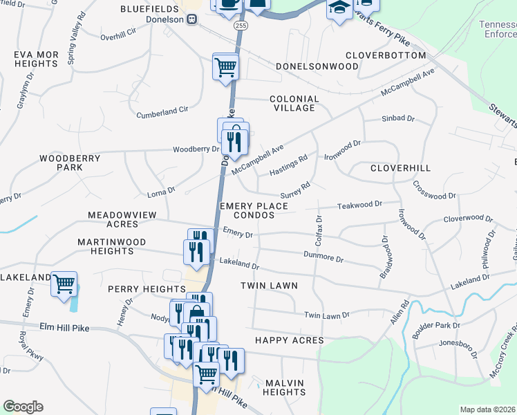 map of restaurants, bars, coffee shops, grocery stores, and more near 742 Kent Road in Nashville
